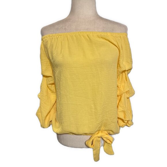 vince camuto solid yellow long sleeve Off cold shoulder top Xs - Picture 2 of 5